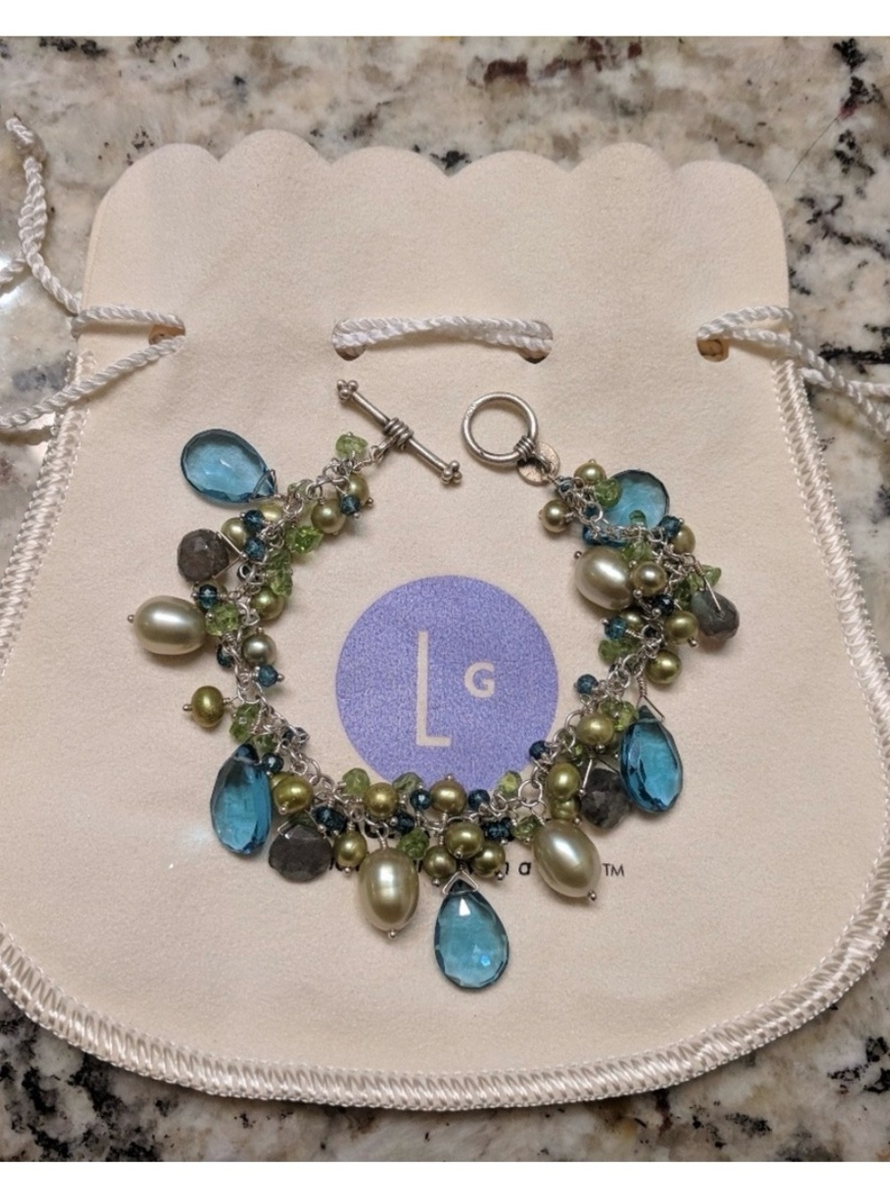 LG Blue Teardrop Crystal & Olive Pearl Charm Bracelet